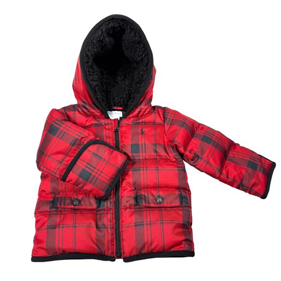 Ralph Lauren Baby Boys 6M Red Black Plaid Puffer Down Feather Hooded Jacket Coat - Picture 1 of 10